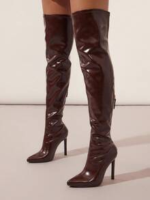 SHUZIA Women's Sexy Pointy Toe Thigh High Weekend Night Party Show Out Hot Stiletto Heeled Boots - Chocolate Brown - View 2