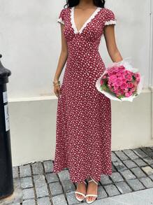 Sunnyshic Váy maxi chữ A cổ chữ V ren hoa vá màu xanh lam, thanh lịch và dễ thương cho kỳ nghỉ, bãi biển, hàng ngày, tiệc tùng, đi chơi, trà chiều, đa năng cho phụ nữ vào mùa hè - Đỏ - Xem 6