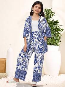 SHEIN Tween Girl 1 件花卉印花和服和 1 条裤子