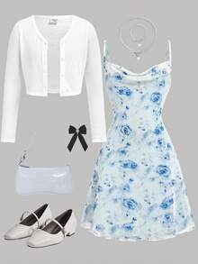 Girlism 2 件套青少年女孩针织纯色开衫和碎花吊带连衣裙休闲装，秋冬