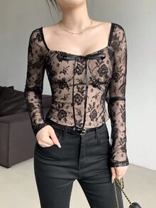 SHEIN LUNE Women's French Minimalist Chic Black Hollow Out Fitted Outerwear Top, Layering Piece For Early Autumn Fall Cloth For Women - Multicolor - View 3