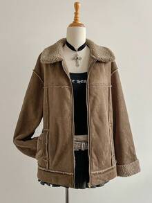 Elamini Brown Suedette Faux Fluffy Collar Zip-Up Pockets Dropped Shoulder Long Sleeve Loose Coat, Fashionable Street Style Vintage Elegant High-End Minimalist Design For Casual, Outing, Date, Autumn/Winter