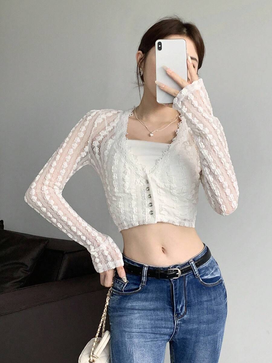 SHEIN LUNE 女式纯色短袖透视V领蕾丝边衬衫 - 白色 - 查看 1