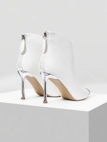 Mnmlis 女士时尚优雅细高跟尖头中筒靴，后拉链 - 白色 - 查看 4