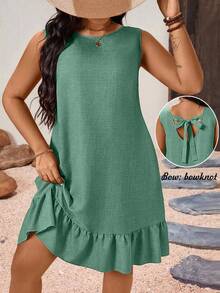 SHEIN LUNE Plus Size Women Solid Color Sleeveless Ruched Summer Dress - Mint Green - View 1