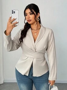Elenzga Camicetta elegante e sexy con fiocco, taglie comode - Beige - Visualizzare 1