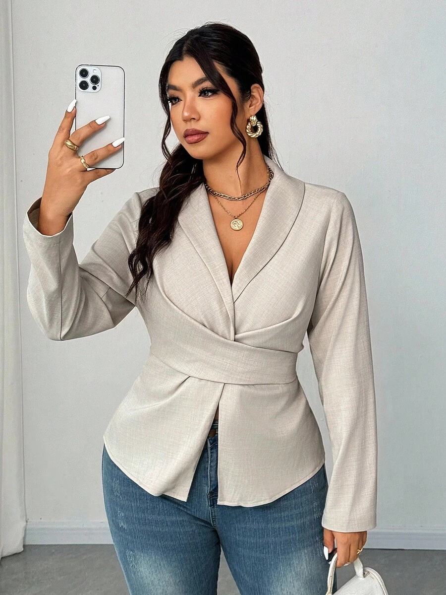 Elenzga Camicetta elegante e sexy con fiocco, taglie comode - Beige - Visualizzare 1
