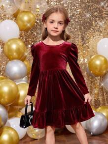 SHEIN Young Girl Cute Back 3D Bowknot Decoration Dress, Casual Simple Elegant  Dress, Suitable For Autumn And Winter,For Christmas,Party Wear,Birthday Dress - Burgundy - View 6