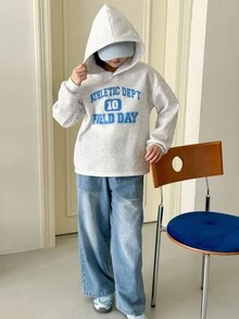 2pcs/Set Genkimix Kids Teenager Girls Letter Print Fleece Hoodie And Loose Fit Denim Pants,Winter,Casual,School,Back-To-School,Green And White Striped - Multicolor - View 6