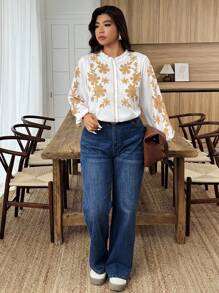 Weeklong Plus Size Casual & Work Floral Print Shirt Fall Cloth For Women - White - View 6