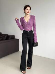 Celisse Fashionable Women's V-Neck Lace Long Sleeve Bestselling Whitening Slimming All-Season Figure-Flattering Sexy & Elegant Women's Knit Sweater Fall Cloth For Women - Purple - View 6