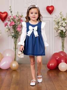 Elladie kids 1 件女婴可爱蝴蝶结装饰蓝白拼接牛仔连衣裙，适合日常休闲穿着和派对活动 - 中等水洗藍 - 查看 8