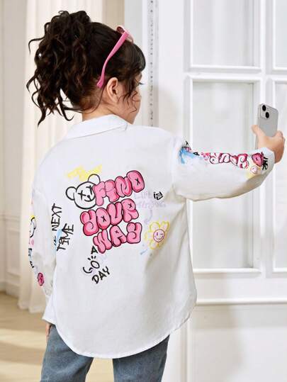 SHEIN 女童复古休闲宽松长袖衬衫，女童涂鸦纯色不对称下摆衬衫