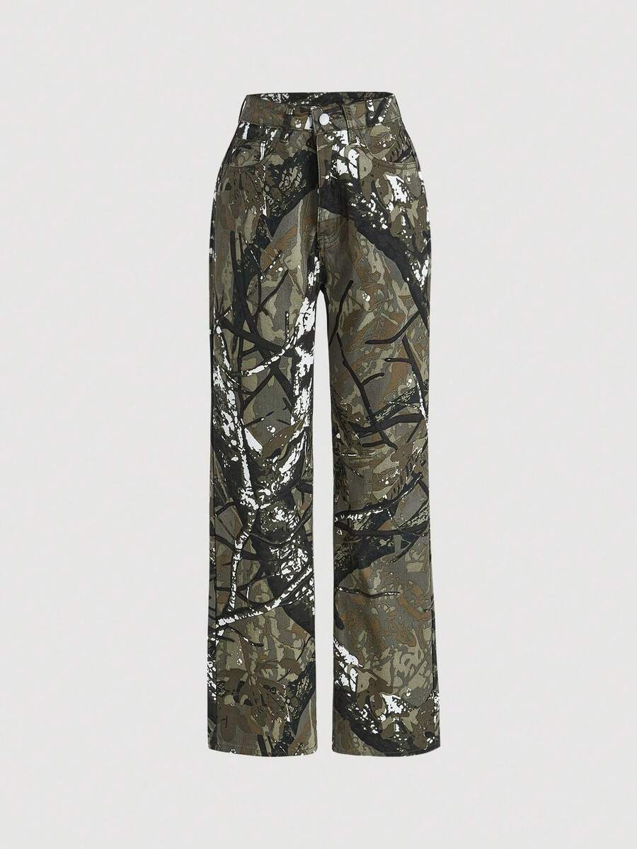 SHEIN MOD Jeans droits avec poches en biais et imprimé de branche, mode de rue pour femmes - Multicolore - Voir 1