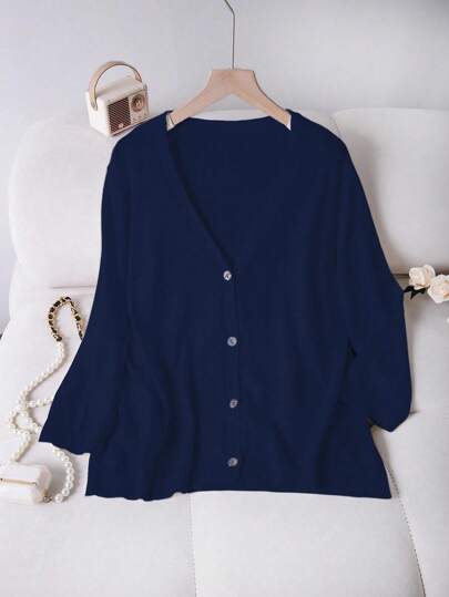 Linhara Plus Size Women's Solid Color Long Sleeve Single-Breasted Casual Knit Cardigan, Autumn