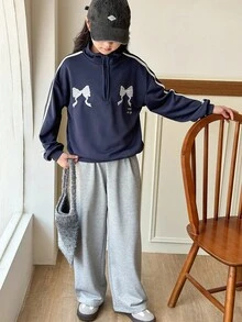 SHEIN 2pcs/Set Girls' Oversized Bow Decor Sweatshirt + Loose Fit Sweatpants, Navy Blue + Grey - Royal Blue - View 3