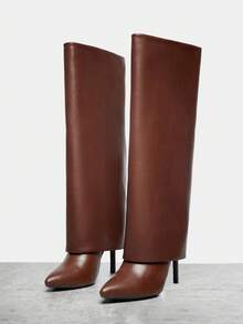 SHUZIA 奢华宣言女士尖头细高跟优质素食皮革棕色翻领及膝靴 - 时尚秋冬必备单品，轻松打造高街风格 - 棕色 - 查看 6