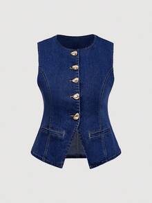 SHEIN MOD Blusa de mezclilla de talla grande con cuello redondo, abotonada al frente y sin mangas - Azul lavado oscuro - Ver 5