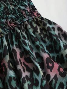 SHEIN Unity Women's Sexy Deep Shirred Ruffle Hem Halter Leopard Print Dress - Mint Green - View 3