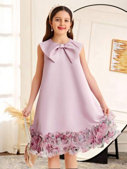 SHEIN Tween Girls' Loose Elegant Standing Collar Sleeveless Bowknot Floral Patchwork Ruffle Trim A-Line Dress
