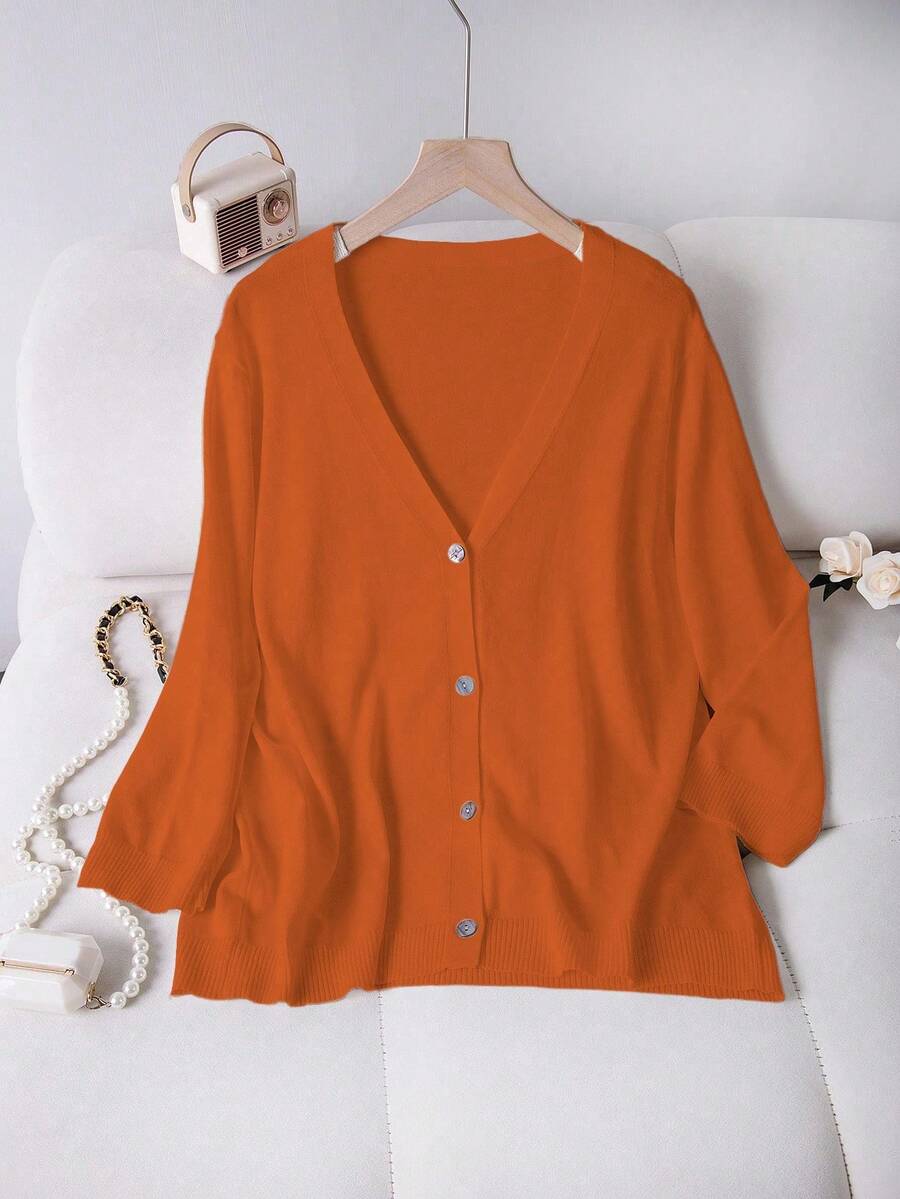 EMERY ROSE Plus Size Casual Solid Color Cardigan, Suitable For Spring And Autumn - Orange - View 1