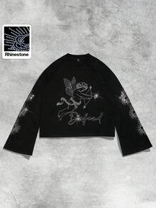 ROMWE MEN Street Life 男士闪亮钻石印花长袖T恤，宽松短款，适合秋季 - 黑色 - 查看 1