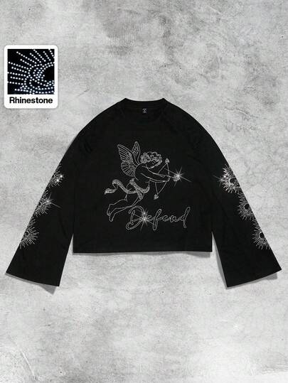 ROMWE MEN Street Life 男士闪亮钻石印花长袖T恤，宽松短款，适合秋季