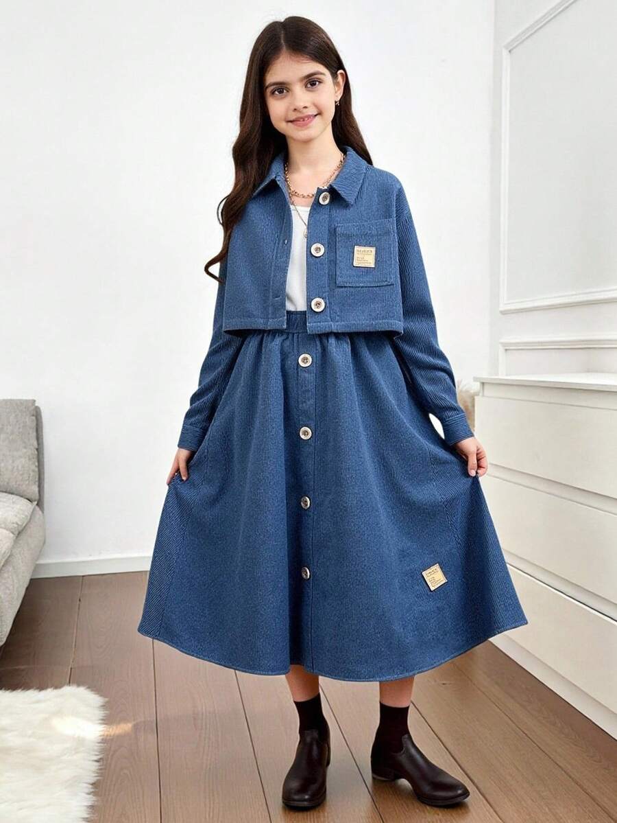 SHEIN 青少年女孩休闲套装 - 舒适领短款上衣和中长裙，2 件/套 - 藍色 - 查看 1