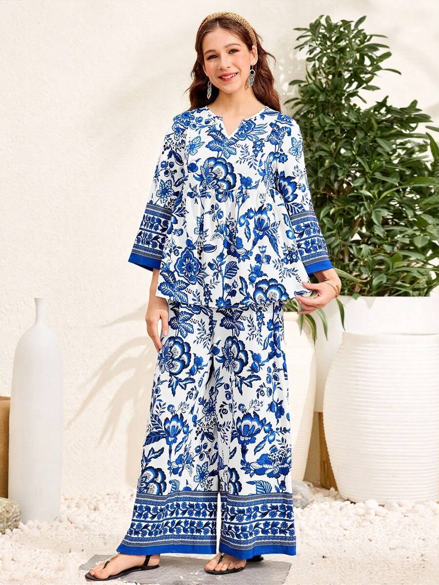 SHEIN 少女开斋节、国庆节、情人节、中国风、度假花卉印花宽松衬衫和裤子两件套 - 藍白色 - 查看 1