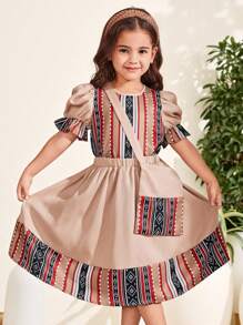 SHEIN 2pcs Young Girl Ditsy Floral Chiffon Shirt With Skirt Set And Crossbody Bag - Khaki - View 1