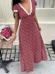 Sunnyshic Váy maxi chữ A cổ chữ V ren hoa vá màu xanh lam, thanh lịch và dễ thương cho kỳ nghỉ, bãi biển, hàng ngày, tiệc tùng, đi chơi, trà chiều, đa năng cho phụ nữ vào mùa hè - Đỏ - Xem 3