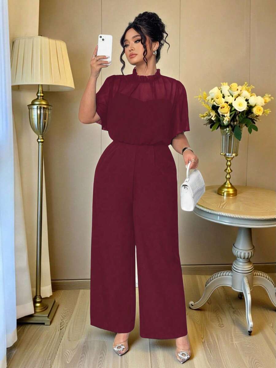 Elenzga 大码女式优雅度假夏季通勤连体衣 - 酒紅色 - 查看 1