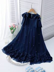 Elegant Fashion Ruffle Trim Pearl Decor Mesh Girls Dress - Navy Blue - View 3