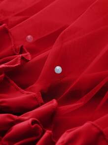 Elegant Fashion Ruffle Trim Pearl Decor Mesh Girls Dress - Red - View 4