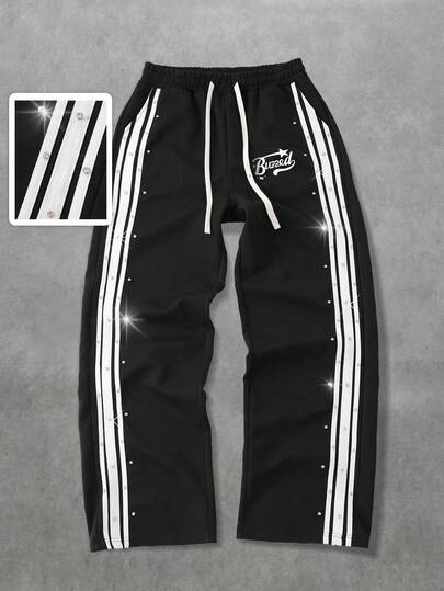 Street Life بنطلون رياضي فضفاض للرجال بخصر مربوط بسحاب وخطوط لامعة