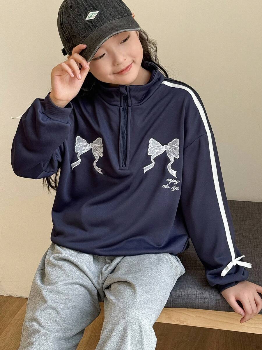 SHEIN 2pcs/Set Girls' Oversized Bow Decor Sweatshirt + Loose Fit Sweatpants, Navy Blue + Grey - Royal Blue - View 1