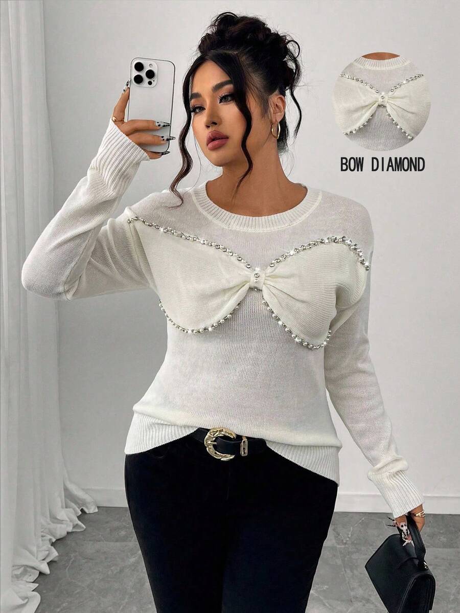 Elenzga Áo len chui đầu rộng rãi đính ngọc trai giả và đá giả cỡ lớn cho nữ - trắng - Xem 1