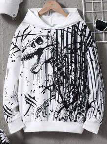 SHEIN Fantacosmos Tween Boy Dinosaur Print Long Sleeve Casual Cool Hoodie Sweatshirt - Black and White - View 3