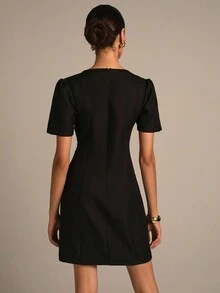 NOVVYNE Vestido de trabajo elegante de manga abullonada para mujer, vestido jacquard negro de línea A ajustado, vestido negro elegante con decoración metálica calada
