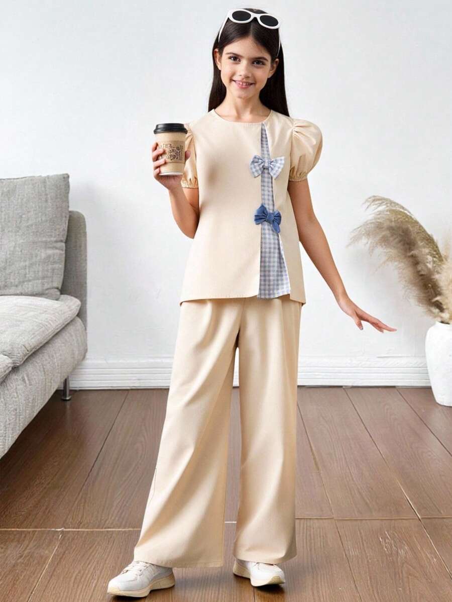 SHEIN Tween Girl Loose Casual Puff Sleeve Colorblock Shirt And Pants Set With Round Neck - Apricot - View 1