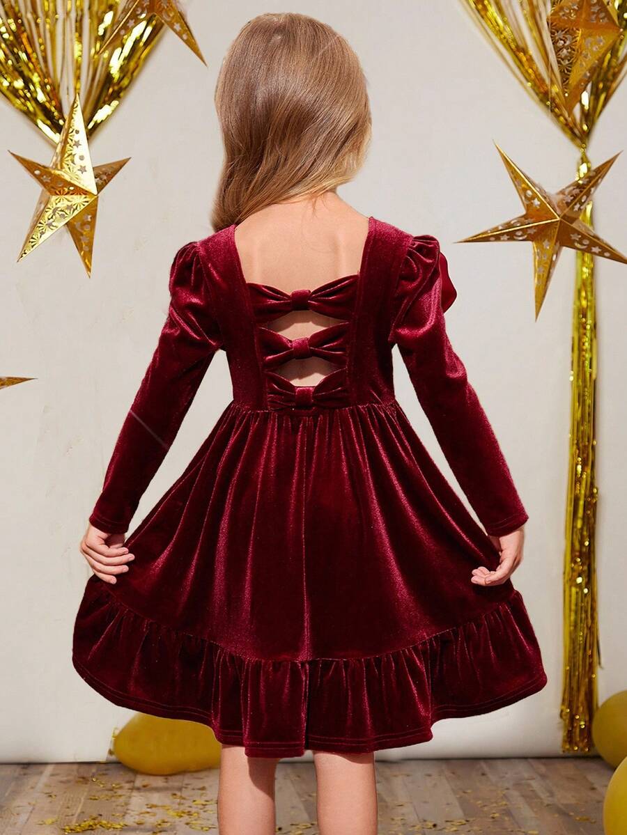 SHEIN Young Girl Cute Back 3D Bowknot Decoration Dress, Casual Simple Elegant  Dress, Suitable For Autumn And Winter,For Christmas,Party Wear,Birthday Dress - Burgundy - View 1