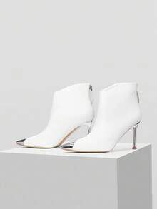 Mnmlis 女士时尚优雅细高跟尖头中筒靴，后拉链 - 白色 - 查看 2