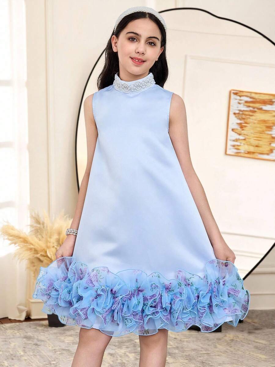 SHEIN 青少年女孩宽松休闲夸张荷叶边下摆水钻点缀立领 A 字形连衣裙 - 淺藍色 - 查看 1