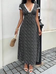 Sunnyshic 蓝色花卉拼布蕾丝 V 领腰 A 字长裙，优雅可爱，适合度假、海滩、日常、派对、郊游、下午茶，夏季百搭女性 - 黑色 - 查看 7