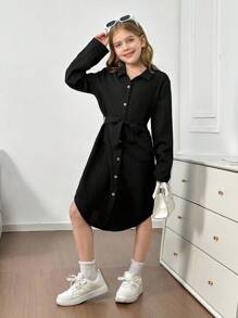 SHEIN 青少年女孩休闲适度舒适翻领不对称下摆中长连衣裙 - 黑色 - 查看 3