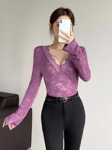 Celisse Fashionable Women's V-Neck Lace Long Sleeve Bestselling Whitening Slimming All-Season Figure-Flattering Sexy & Elegant Women's Knit Sweater Fall Cloth For Women - Purple - View 1