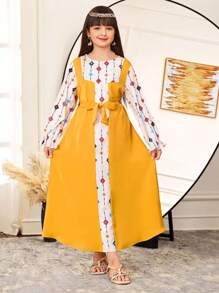 SHEIN Tween Girl Casual Patchwork Solid Color & Floral V-Neck Ruffle Sleeve Dress - Yellow - View 1