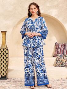 SHEIN 少女开斋节、国庆节、情人节、中国风、度假花卉印花宽松衬衫和裤子两件套 - 藍白色 - 查看 5