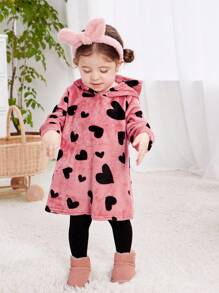 SHEIN Leap Crew 女嬰愛心圖案連帽法蘭絨洋裝