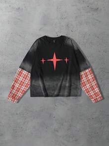 ROMWE MEN Prep Camiseta holgada de estilo corto con parches a cuadros para hombre, para el otoño - Negro - Ver 1